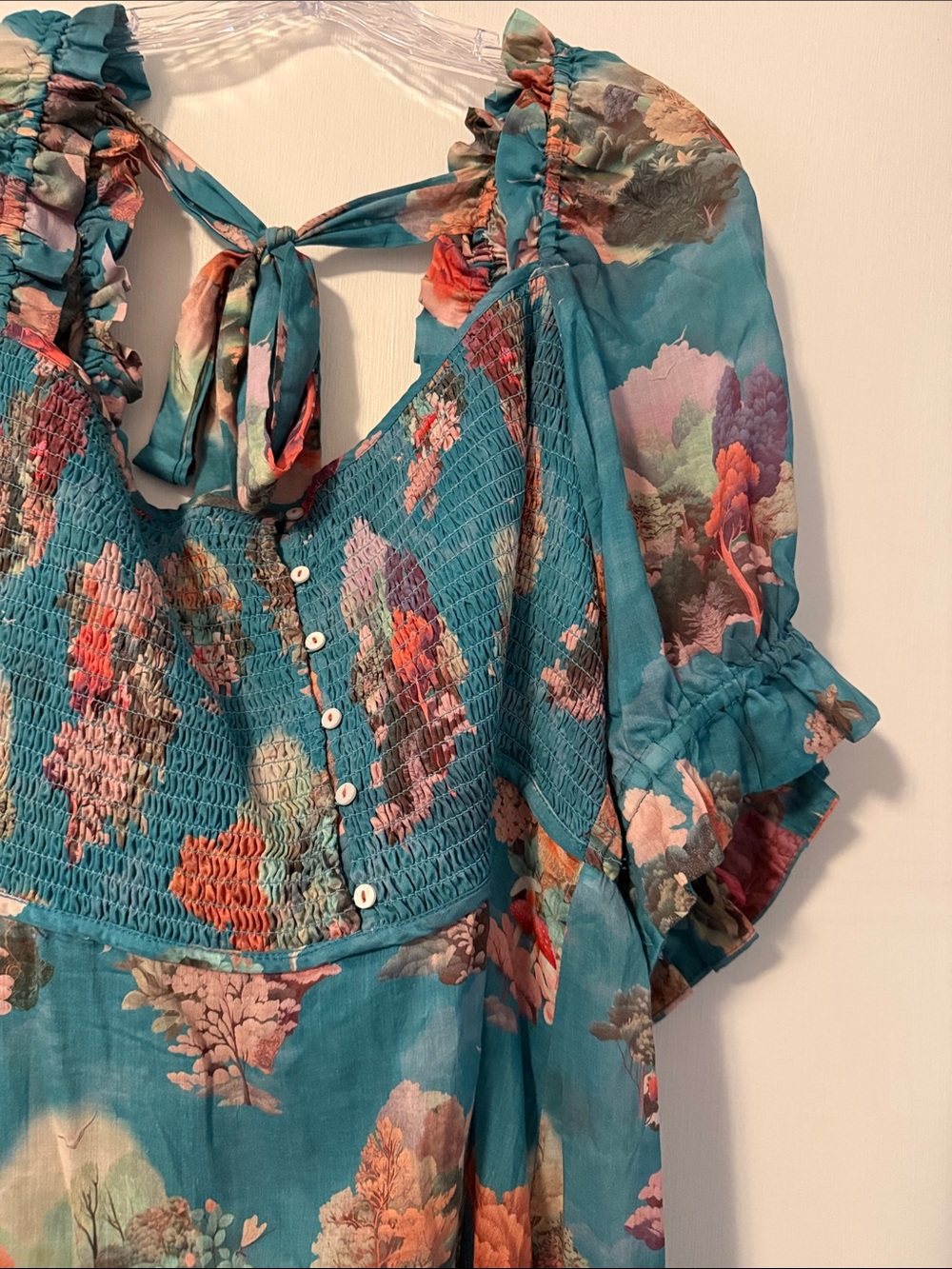 Anthro Anthropologie Teal Floral Smocked Maxi Dress Puff Sleeve Buttons 3X Plus - Picture 5 of 14